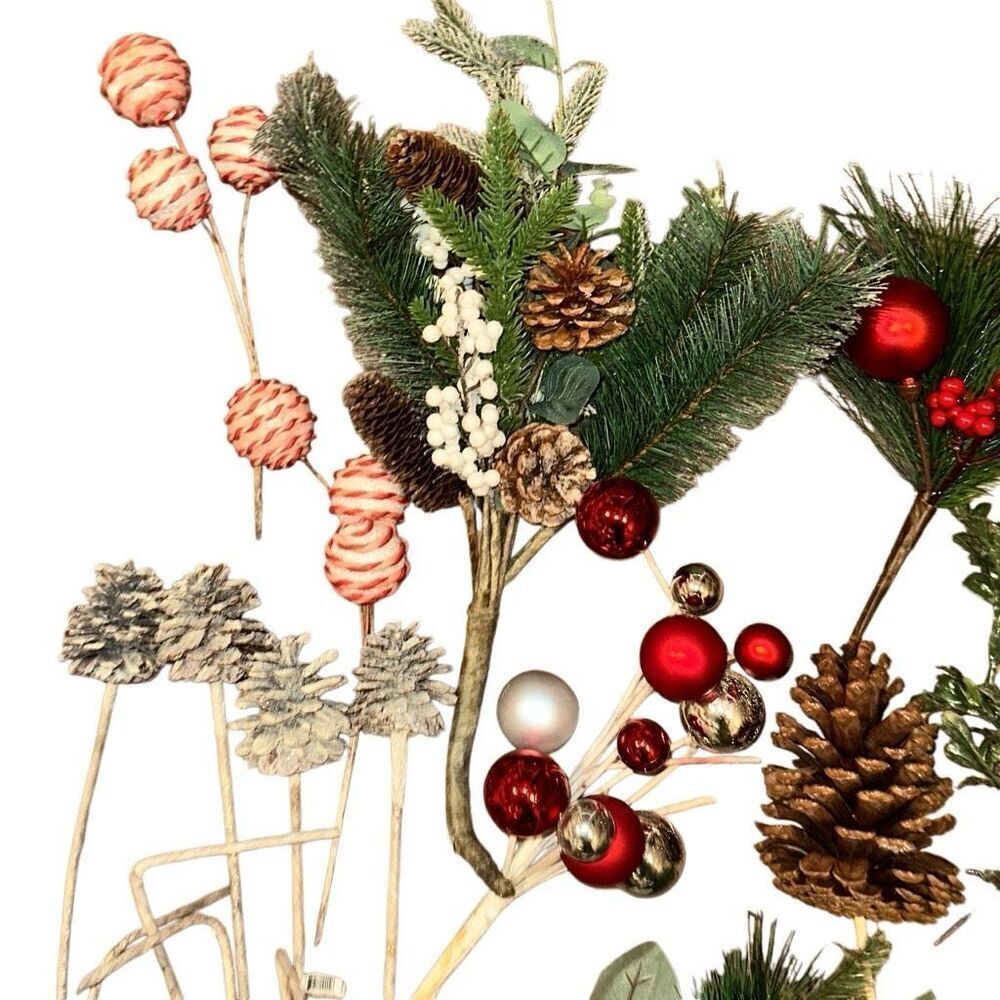 Lot of 20 Artificial Pine Cone Branches Holly Berries Ornaments Christmas Decor